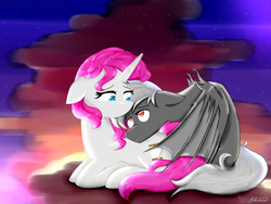 Size: 4310x3240 | Tagged: safe, artist:moobew, oc, oc only, oc:bloodthirst (vampire pony), oc:platinum royale, pony, vampire, vampony, couple, female, lying down, male, oc x oc, offspring, offspring shipping, parent:rarity, parents:canon x oc, shipping, straight