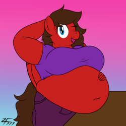 Size: 4000x4000 | Tagged: safe, artist:zeldafan777, oc, oc only, oc:redbow rose, pegasus, anthro, absurd resolution, belly, belly button, big belly, fat, looking at you, solo
