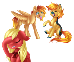 Size: 3377x2825 | Tagged: safe, artist:scarlet-spectrum, oc, oc only, pony, eyes closed, facehoof, female, floppy ears, high res, laughing, male, mare, patreon reward, silly face, simple background, stallion, transparent background, trio