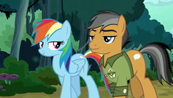 Size: 854x480 | Tagged: safe, screencap, quibble pants, rainbow dash, earth pony, pegasus, pony, g4, stranger than fan fiction, duo, female, lidded eyes, male, mare, out of context, stallion