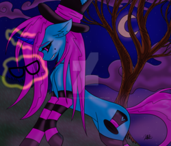 Size: 1024x878 | Tagged: safe, artist:katkathasahathat, oc, oc only, oc:ryn, demon, pony, unicorn, bowtie, clothes, cloud, dead tree, ear piercing, fog, glasses, hat, magic, moon, night, piercing, socks, solo, striped socks, top hat, tree