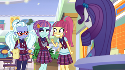 Size: 1912x1072 | Tagged: safe, screencap, rarity, sour sweet, sugarcoat, sunny flare, equestria girls, equestria girls specials, g4, my little pony equestria girls: dance magic, angry, annoyed, bag, bowtie, cash register, chair, clothes, crystal prep academy uniform, faic, freckles, glasses, hairpin, leggings, light, mall, pigtails, plant, ponytail, school uniform, scrunchie, skirt, sunny flare's wrist devices, table, twintails