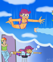 Size: 1180x1382 | Tagged: safe, artist:phallen1, rainbow dash, scootaloo, human, g4, air ponyville, atg 2017, barstool, belly button, clothes, crossed arms, crossed legs, daydream, falling, female, goggles, humanized, jumpsuit, leaning, newbie artist training grounds, open mouth, parachute, reaching, scootalove, sky, skydiving, stretching, tank top