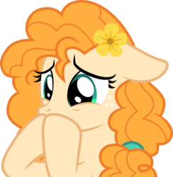 Size: 3001x3075 | Tagged: safe, artist:cloudy glow, pear butter, pony, g4, the perfect pear, .ai available, cute, female, floppy ears, flower, flower in hair, freckles, high res, pearabetes, simple background, solo, transparent background, upset, vector