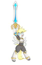 Size: 1440x2176 | Tagged: safe, artist:jus+ice, oc, oc only, oc:guardian dreamer, pegasus, pony, armor, armpits, bipedal, hoof hold, male, maplestory2, simple background, solo, spread wings, sword, weapon, wings