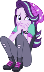 Size: 1554x2550 | Tagged: safe, artist:davidsfire, starlight glimmer, equestria girls, equestria girls specials, g4, my little pony equestria girls: mirror magic, beanie, clothes, covering mouth, female, hat, hiding, high heels, pants, scared, scaredy glimmer, shirt, shoes, simple background, sitting, solo, transparent background, vector, vest, watch