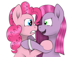 Size: 4000x3000 | Tagged: safe, artist:squipycheetah, pinkie pie, earth pony, pony, g4, dr jekyll and mr hyde, dr pinkie and miss pie, duo, duo female, eye contact, fangs, female, gritted teeth, inner demons, looking at each other, open mouth, pinkamena diane pie, self paradox, self ponidox, simple background, smiling, smirk, transparent background, vector