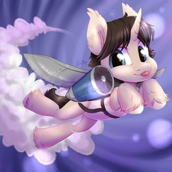 Size: 2000x2000 | Tagged: safe, artist:hollybright, oc, oc only, oc:omkol, pony, unicorn, :p, aircraft, high res, jetpack, rocket, sky, smoke, solo, tongue out, unshorn fetlocks