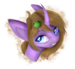 Size: 2173x1997 | Tagged: safe, artist:beshely, oc, oc only, oc:dungeon toaster, frog, pony, unicorn, bust, curved horn, horn, portrait, simple background, solo, transparent background