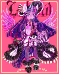 Size: 590x733 | Tagged: safe, artist:onofuji, twilight sparkle, alicorn, anthro, g4, bonnet, clothes, dress, female, gloves, lolita fashion, long mane, looking at you, pixiv, solo, spread wings, twilight sparkle (alicorn), wings