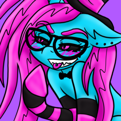 Size: 1000x1000 | Tagged: safe, artist:katkathasahathat, oc, oc only, oc:ryn, demon, pony, unicorn, bowtie, clothes, ear piercing, glasses, hat, piercing, socks, solo, striped socks, tongue out, tongue piercing, top hat