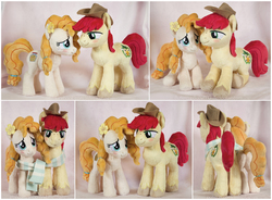Size: 2076x1524 | Tagged: safe, artist:buttercupbabyppg, bright mac, pear butter, earth pony, pony, g4, beanie (plushie), clothes, cowboy hat, duo, female, flower, flower in hair, hat, irl, male, photo, plushie, scarf, shared clothing, shared scarf, ship:brightbutter, shipping, stetson, straight