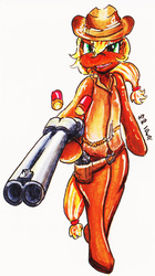 Size: 877x1563 | Tagged: safe, artist:mr.candy_owo, applejack, earth pony, pony, g4, cowboy, cowboy hat, female, gun, hat, mare, shotgun, simple background, solo, traditional art, weapon, white background