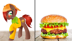Size: 1024x581 | Tagged: safe, artist:ayameshiromi, oc, oc only, pony, burger, clothes, food, glasses, hamburger, looking at you, ponified, solo