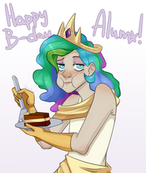 Size: 1152x1366 | Tagged: safe, artist:chibadeer, princess celestia, oc, oc only, human, g4, cake, clothes, cosplay, costume, female, food, happy birthday, humanized, krystal can't enjoy her sandwich, solo, tired