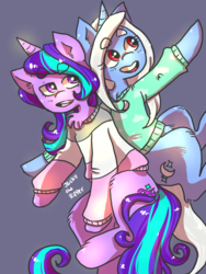 Size: 768x1024 | Tagged: safe, artist:jackytheripperart, starlight glimmer, trixie, pony, unicorn, g4, chest fluff, clothes, duo, eyebrows, sweater