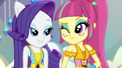 Size: 1280x718 | Tagged: safe, screencap, rarity, sour sweet, equestria girls, equestria girls specials, g4, my little pony equestria girls: dance magic, one eye closed, ponied up, wink