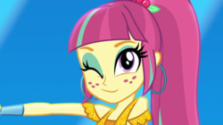 Size: 1280x718 | Tagged: safe, screencap, sour sweet, equestria girls, equestria girls specials, g4, my little pony equestria girls: dance magic, cute, ear piercing, earring, female, jewelry, one eye closed, piercing, solo, sourbetes, wink