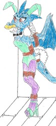 Size: 869x1963 | Tagged: safe, artist:godzilla713, princess ember, dragon, g4, bondage, bound wings, breasts, female, gag, high heels, playboy bunny, shoes, solo, tape gag, tied up, traditional art