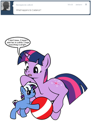 Size: 600x800 | Tagged: safe, artist:dekomaru, twilight sparkle, oc, oc:nebula, pony, unicorn, tumblr:ask twixie, g4, ask, ball, belly button, colt, magical lesbian spawn, male, offspring, parent:trixie, parent:twilight sparkle, parents:twixie, pregnant, prone, tumblr