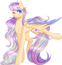 Size: 1188x1255 | Tagged: safe, artist:clefficia, oc, oc only, oc:skye, pegasus, pony, colored wings, female, mare, multicolored wings, one eye closed, raised leg, simple background, solo, transparent background, wink