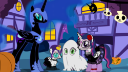 Size: 1280x720 | Tagged: safe, artist:hakunohamikage, nightmare moon, princess luna, spike, twilight sparkle, oc, oc:nyx, alicorn, dragon, ghost, pony, ask-princesssparkle, g4, ask, bedsheet ghost, bodypaint, clothes, costume, dia de los muertos, dress, female, filly, flower, flower in hair, looking at you, mare, nightmare night, nightmare night costume, tumblr, twilight sparkle (alicorn)