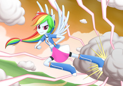 Size: 3237x2280 | Tagged: safe, artist:liu ting, rainbow dash, equestria girls, g4, boots, clothes, cloud, electric dash, female, flying, high res, kicking, lightning, ponied up, shoes, skirt, sky, socks, solo, striped socks, wings