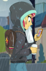 Size: 720x1100 | Tagged: safe, artist:ta-na, applejack, fluttershy, pinkie pie, rainbow dash, rarity, sci-twi, sunset shimmer, twilight sparkle, eqg summertime shorts, equestria girls, g4, monday blues, backpack, cellphone, clothes, coffee, female, hoodie, mouth hold, paper bag, phone, rain, scene interpretation, smartphone, solo
