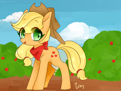 Size: 1600x1200 | Tagged: safe, artist:lity, applejack, earth pony, pony, g4, clothes, cowboy hat, female, hat, looking at you, mare, pixiv, scarf, solo, tree