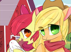 Size: 3656x2665 | Tagged: safe, artist:lity, apple bloom, applejack, chicken, earth pony, pony, g4, clothes, duo, high res, holding, looking at you, scarf
