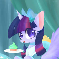 Size: 1500x1500 | Tagged: safe, artist:lity, twilight sparkle, alicorn, pony, g4, clothes, collar, cupcake, dessert, female, food, hair ornament, looking at you, solo, spoon, twilight sparkle (alicorn)