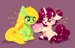 Size: 1023x656 | Tagged: safe, artist:snow angel, oc, oc only, oc:dolly dreamdrop, oc:historia serenade, earth pony, pony, unicorn, cake, chibi, commission, female, floppy ears, food, heart eyes, mare, simple background, wingding eyes