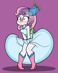 Size: 1600x2000 | Tagged: safe, artist:khuzang, sweetie belle, equestria girls, g4, make new friends but keep discord, adorable face, blushing, boots, clothes, covering, cute, diasweetes, dress, embarrassed, female, flower, flower in hair, gala dress, high heel boots, marilyn monroe, older, older sweetie belle, pigeon toed, purple background, shoes, simple background, skirt, skirt flip, solo, the seven year itch, thighs