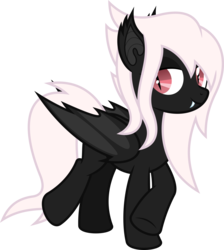 Size: 6400x7143 | Tagged: safe, artist:parclytaxel, oc, oc only, oc:midnight ruby, bat pony, pony, .svg available, absurd resolution, bat pony oc, commission, crossed hooves, fangs, female, long mane, long tail, looking back, mare, red eyes, simple background, slit pupils, solo, transparent background, vector, wings