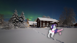 Size: 1920x1080 | Tagged: safe, artist:melodykurasaki, artist:pablomen13, rarity, pony, g4, clothes, eyes closed, fabulous, footprints, house, irl, photo, ponies in real life, raised hoof, scarf, snow, solo, tree, vector, winter