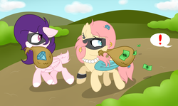 Size: 4120x2456 | Tagged: safe, artist:raspberrystudios, oc, oc only, oc:crystal swindle, oc:rosaleen, bat pony, deer, deer pony, original species, money, not fluttershy, running, stealing, thief