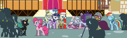 Size: 4511x1350 | Tagged: safe, artist:flutterluv, a.k. yearling, cheerilee, daring do, derpy hooves, flitter, mayor mare, pinkie pie, rainbow dash, twilight sparkle, alicorn, changeling, pony, sylveon, umbreon, unown, g4, camera, clothes, costume, female, food, mare, muffin, photo shoot, pokémon, ponyville, silhouette, twilight sparkle (alicorn)