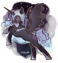 Size: 3743x4043 | Tagged: safe, artist:crazymoon, nightmare moon, alicorn, pony, g4, armor, female, looking at you, moonabetes, pixiv, rearing, smiling, solo, spread wings, stars, wings