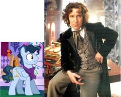 Size: 373x298 | Tagged: safe, paisley, time flies, pegasus, pony, g4, make new friends but keep discord, background pony, brocade, clothes, comparison, cravat, doctor who, eighth doctor, frock coat, irl, looking at you, pants, photo, screenshots, shirt, tardis, the doctor, velvet, waistcoat