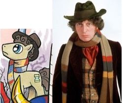Size: 355x295 | Tagged: safe, artist:andypriceart, idw, doctor whooves, time turner, earth pony, pony, g4, clothes, comparison, cravat, doctor who, fedora, fourth doctor, fourth doctor's scarf, hat, irl, photo, scarf, screenshots, striped scarf, the doctor, tom baker, trenchcoat, waistcoat