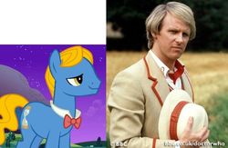 Size: 655x426 | Tagged: safe, doctor whooves, perfect pace, time turner, pony, g4, bowtie, clothes, comparison, doctor who, fifth doctor, frock coat, irl, jumper, panama hat, peter davison, photo, screenshots, shirt, slowpoke, the doctor