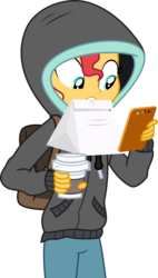 Size: 3000x5289 | Tagged: safe, artist:aqua-pony, sunset shimmer, eqg summertime shorts, equestria girls, g4, monday blues, backpack, cellphone, clothes, coffee, cute, female, high res, hoodie, mouth hold, phone, shimmerbetes, simple background, solo, transparent background, vector