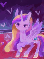 Size: 900x1201 | Tagged: safe, artist:laurasrxfgcc, princess cadance, alicorn, pony, g4, abstract background, female, heart, looking at you, solo, spread wings, wings