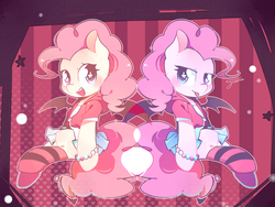 Size: 1920x1440 | Tagged: safe, artist:freesia, pinkie pie, earth pony, pony, g4, :p, bat wings, clothes, cute, diapinkes, dual persona, simple background, socks, starry eyes, striped socks, tongue out, wingding eyes