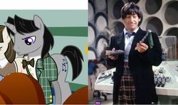 Size: 467x276 | Tagged: safe, arpeggio, pony, g4, bowtie, clothes, comparison, doctor who, frock coat, irl, pants, patrick troughton, photo, recorder, screenshots, second doctor, shirt, tartan