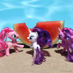 Size: 1080x1080 | Tagged: safe, pinkie pie, rarity, twilight sparkle, alicorn, pony, g4, official, food, irl, photo, toy, twilight sparkle (alicorn), watermelon