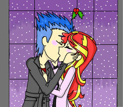 Size: 959x832 | Tagged: safe, artist:little-miss-oshawott, flash sentry, sunset shimmer, equestria girls, g4, female, holly, holly mistaken for mistletoe, male, ship:flashimmer, shipping, straight