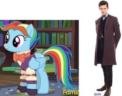 Size: 757x597 | Tagged: safe, screencap, rainbow dash, snowdash, human, pony, a hearth's warming tail, g4, bowtie, cashmere, clothes, comparison, denim, doctor who, eleventh doctor, frock coat, irl, irl human, jeans, matt smith, pants, photo, pocket watch, rainbow dash always dresses in style, shirt, velvet, waistcoat