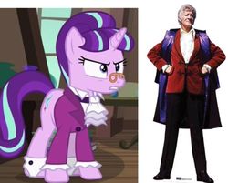 Size: 612x493 | Tagged: safe, snowfall frost, starlight glimmer, pony, a hearth's warming tail, g4, blazer, cape, clothes, comparison, doctor who, frilly, frock coat, jabot, jon pertwee, screenshots, shirt, third doctor