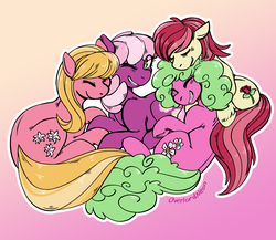 Size: 3000x2601 | Tagged: safe, artist:overlordneon, cheerilee, daisy, flower wishes, lily, lily valley, roseluck, earth pony, pony, g4, cheerily, cheerirose, cheerithree, cheeriwishes, cuddle puddle, cuddling, female, flower trio, gradient background, high res, lesbian, lilywishes, mare, one eye closed, polyamory, pony pile, roselily, rosewishes, shipping
